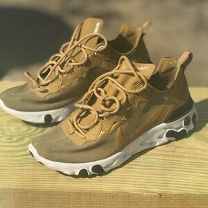 Nike React Element 55 sneakers in a Metallic Gold and olive colorway.